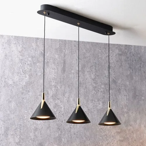 Ruma Matt Black & Gold 3 Drop LED Ceiling Light for Kitchen Island - Black