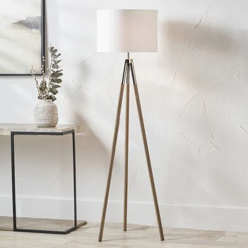 Ruma Metal & Wood Grain Tripod Floor Lamp in Grey - Grey
