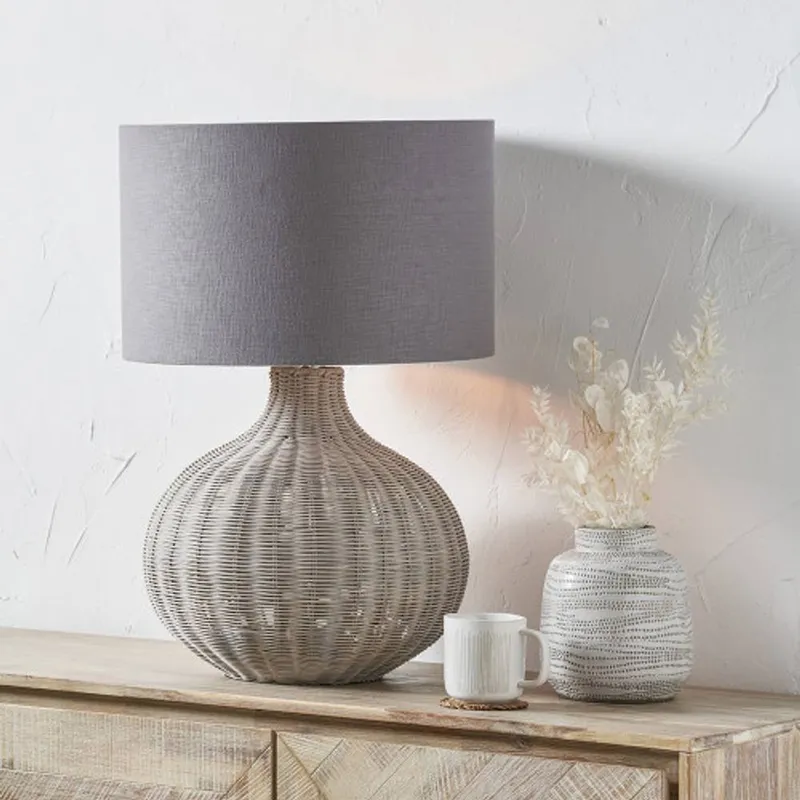 Ruma Round Rattan Table Lamp with Cylinder Shade in Grey Grey