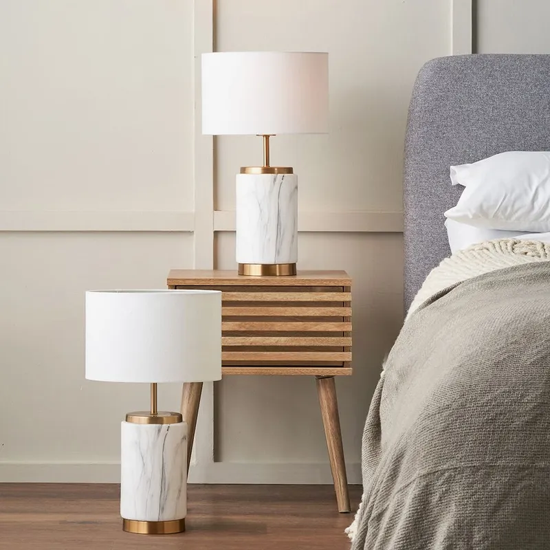 Ruma Set of 2 Carrara Marble Effect Ceramic Table Lamp in White - White