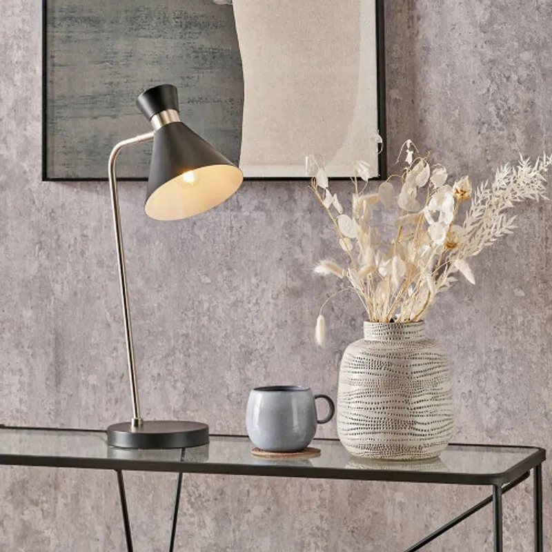 Ruma Brushed Silver Metal Table Lamp in Black - Black - Size: One Size