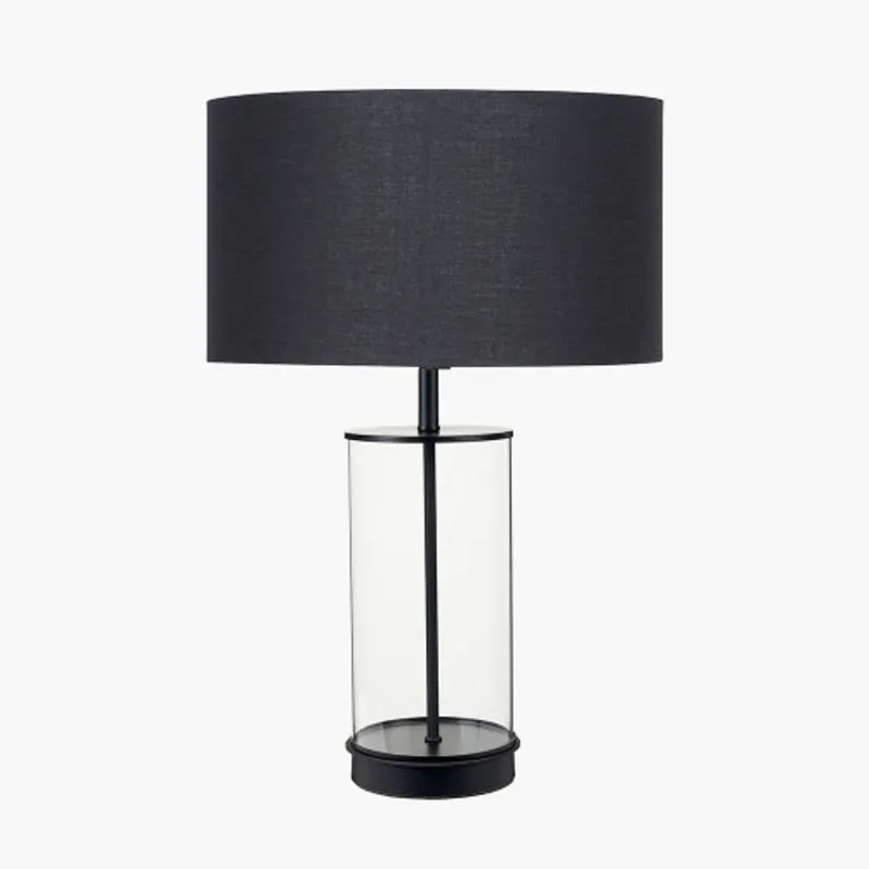 Ruma Glass Cylinder Table Lamp With Gold Detail & White Lampshade in Black Black