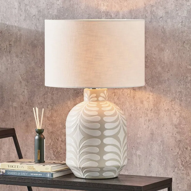 Ruma Grey & White Pattern Ceramic Table Lamp with Linen Drum Shade - Grey