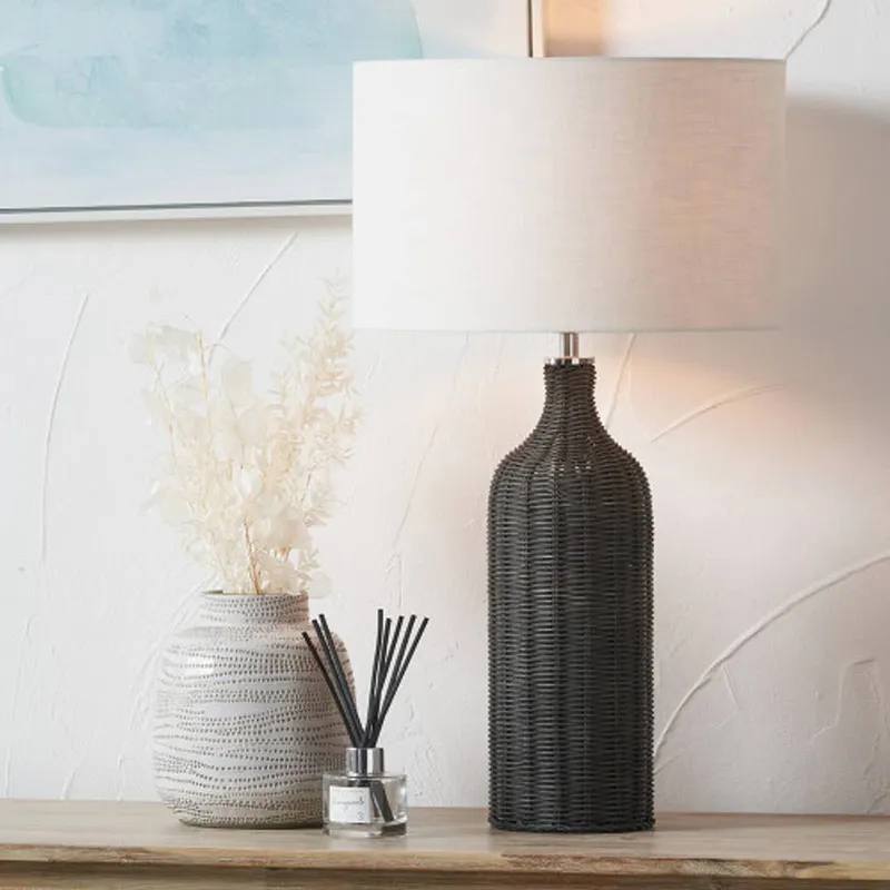 Ruma Unisex Rattan Bottle Table Lamp w/ Shade in Black Black female