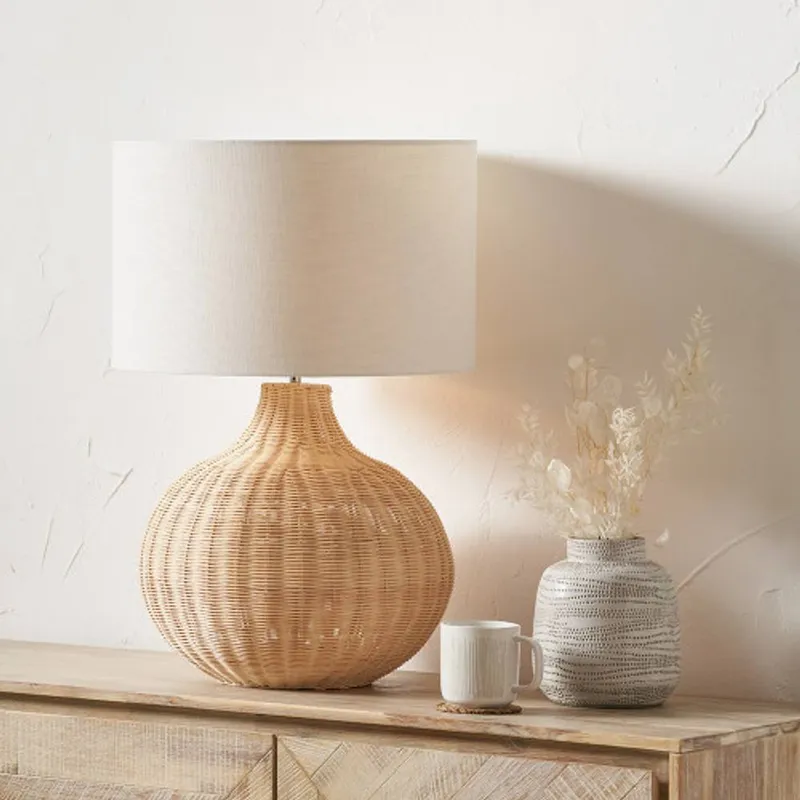 Ruma Round Rattan Table Lamp with Cylinder Shade in Natural Natural