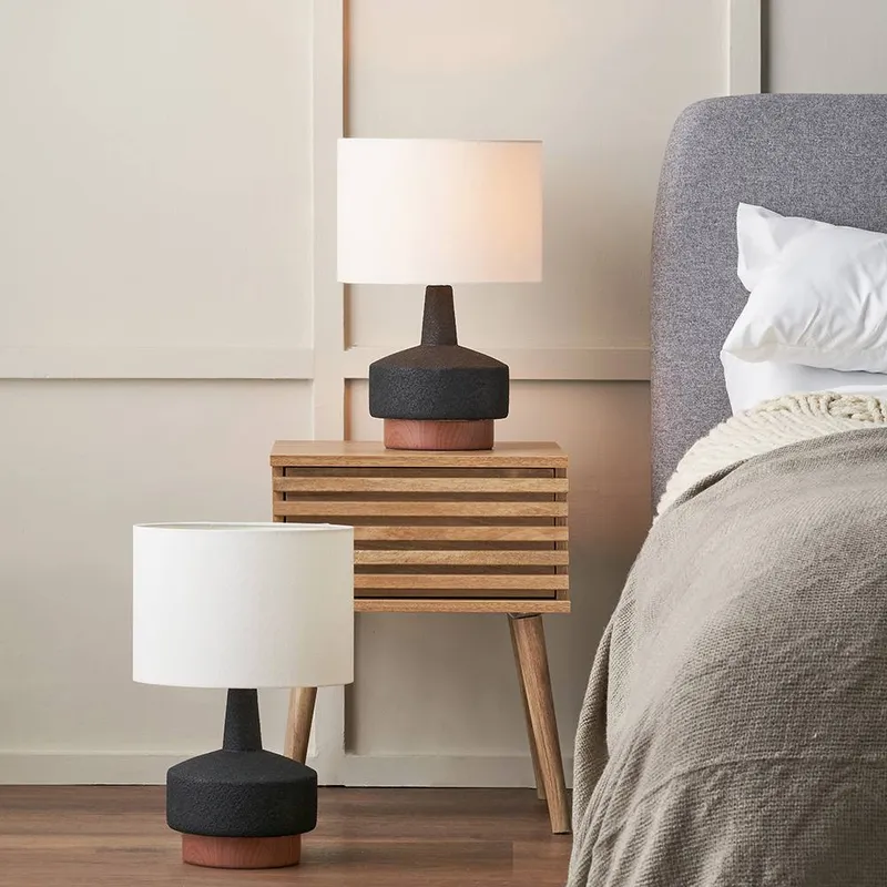 Ruma Set of 2 Elio Black & Wood Effect Textured Ceramic Table Lamp - Black - Size: One Size