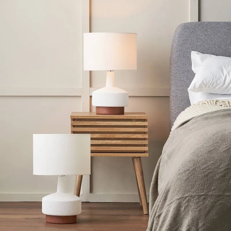 Ruma Set of 2 Elio White & Wood Effect Textured Ceramic Table Lamp White