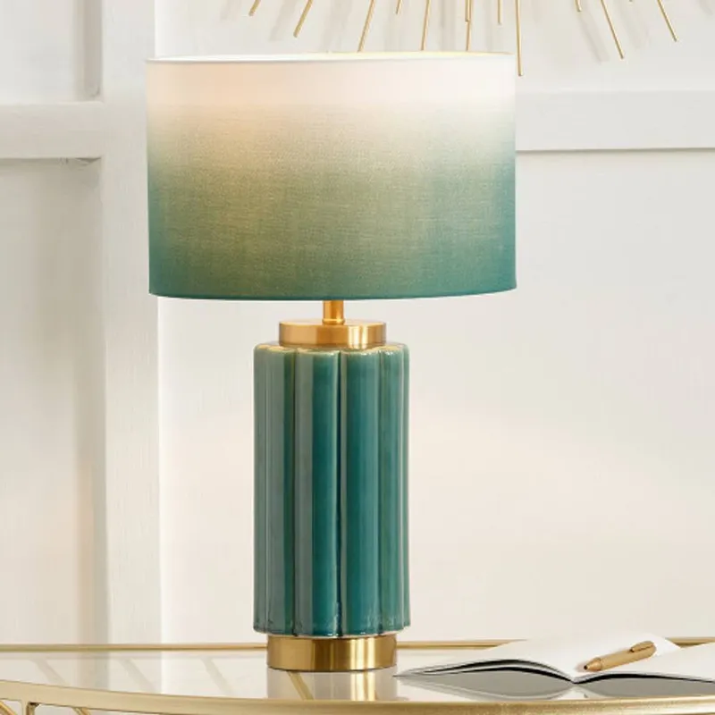 Ruma Textured Dark Green & Gold Ceramic Art Deco Table Lamp Green