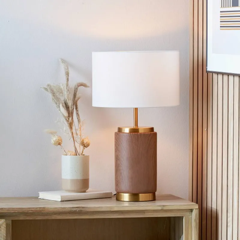 Ruma Unisex Wood Effect Ceramic Table Lamp w/ Shade in Brown Brown female