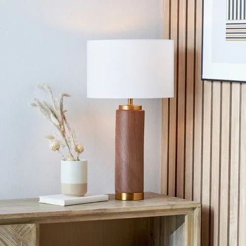 Ruma Wood Effect Ceramic Tall Table Lamp with Shade in Brown - Brown