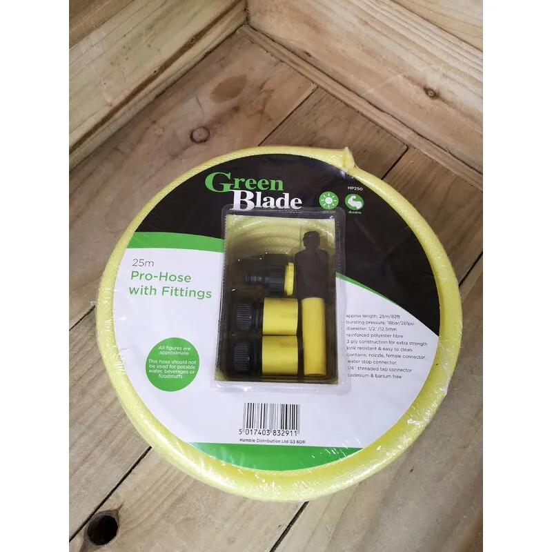1 25m Yellow Reinforced Kink Resistant Garden Hose Pipe with Connectors