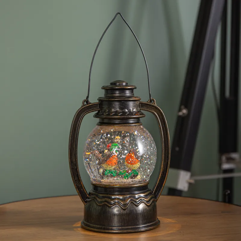 Snowtime 20cm Dual Power LED Christmas Glitter Water Spinner Antique Lantern Robin Scene