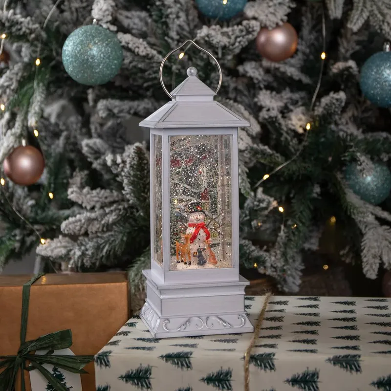 Snowtime Christmas Water Lantern White Snowman Xmas Snow Globe Dual Power Indoor Decor