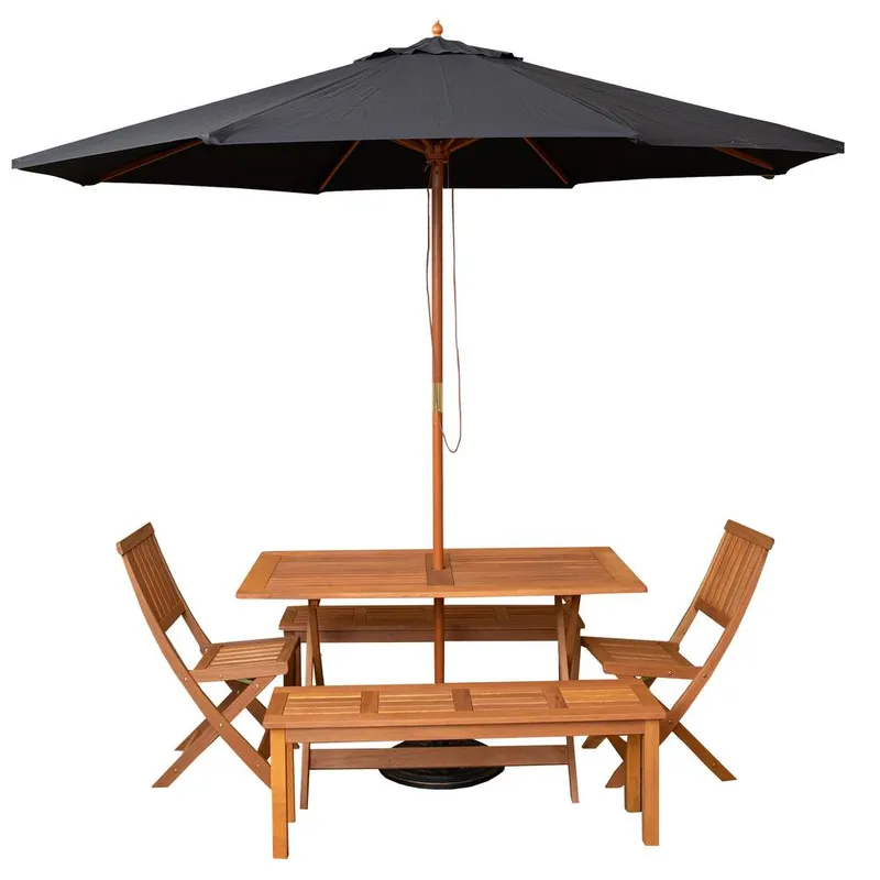 Samuel Alexander 6 Person Dining Table, 2 Benches, Chairs with Green Parasol & Base in Brown Brown 6 Person