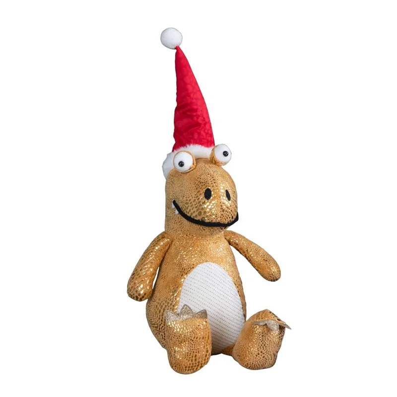 1 60cm Tall Gold Plush Zilla Dino Standing Christmas Decoration with Santa Hat