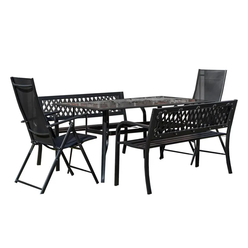 Samuel Alexander Outdoor 6 Person Glass Top Garden Table Benches & Chairs Set in Black Black 6 Person