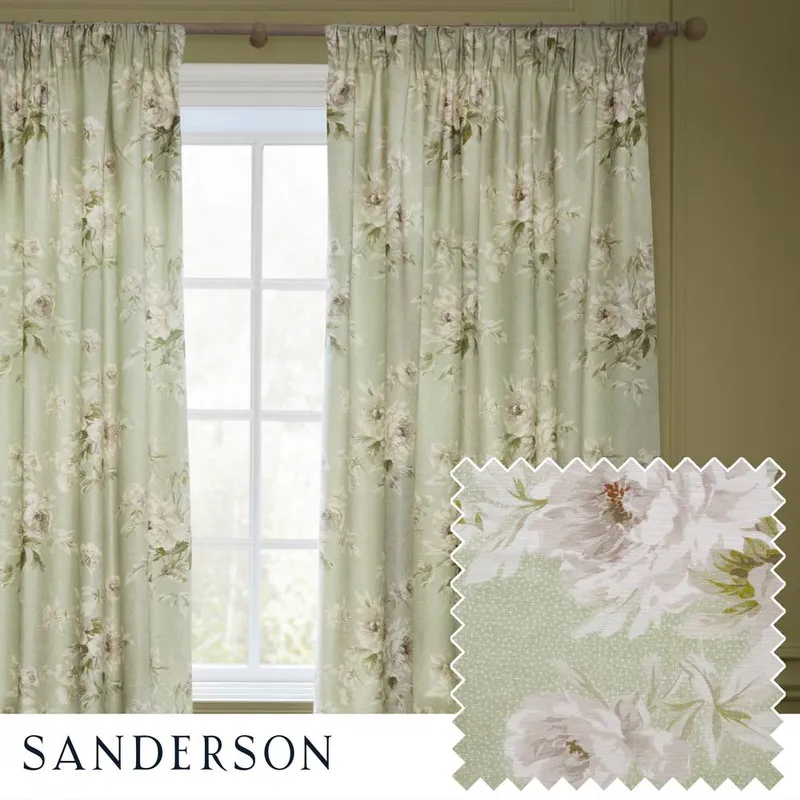 Sanderson Adele Floral Chenille Room Darkening Pencil Pleat Curtains in Light Green Size: 229 cm width x 229 cm drop Light Green 229 cm width x 229 cm drop