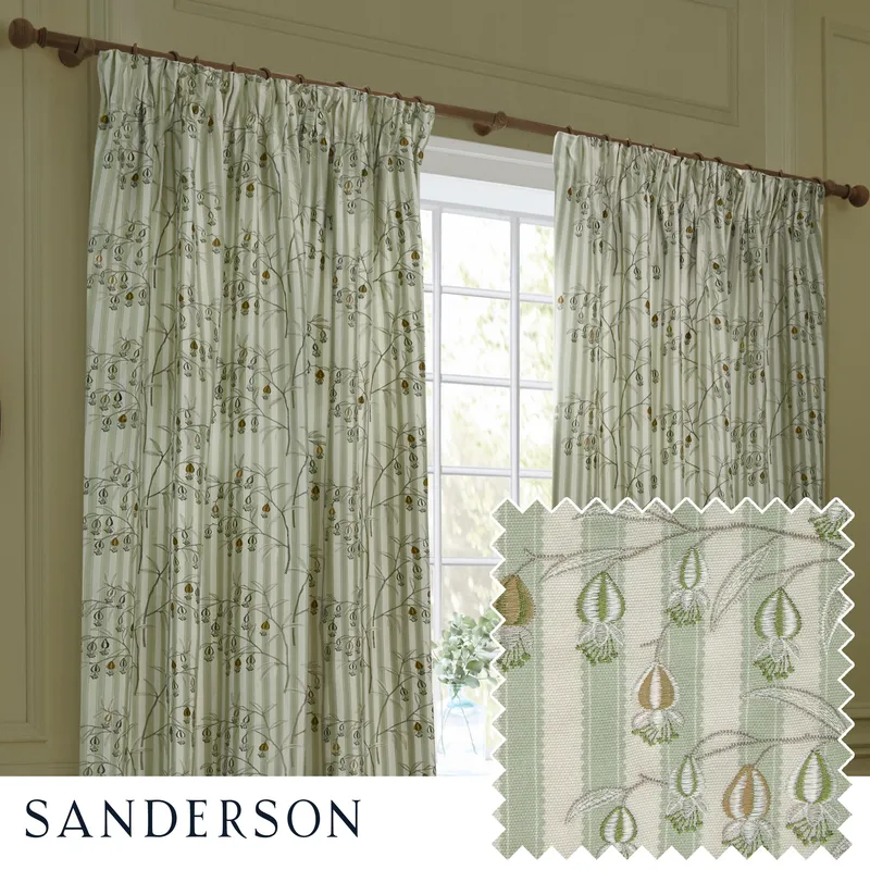 Sanderson Chinese Lanterns Embroidered Ready Made Pencil Pleat Curtains Sage
