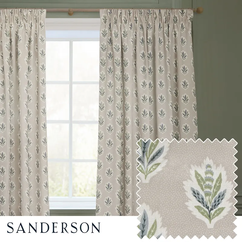 Sanderson Sessile Leaf Printed Ready Made Pencil Pleat Curtains Flax