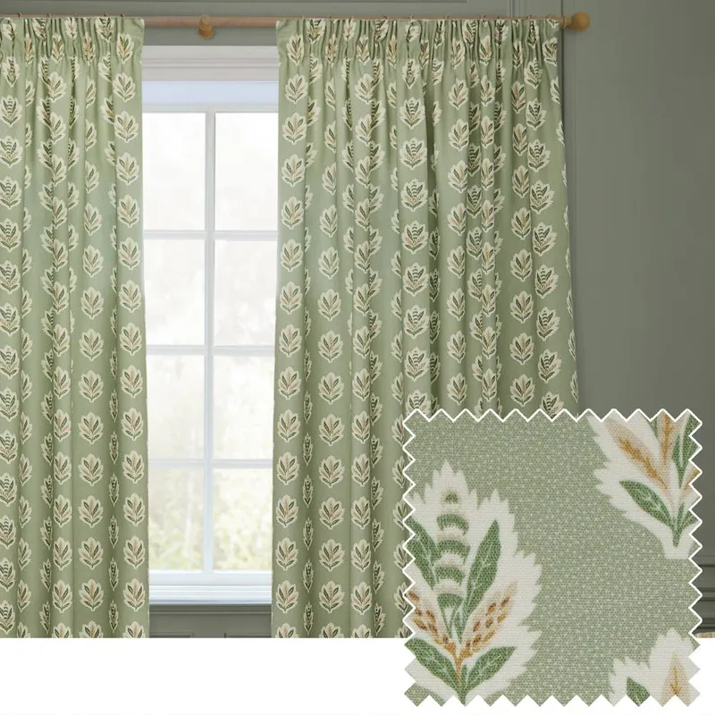 Sanderson Sessile Leaf Printed Ready Made Pencil Pleat Curtains Sage