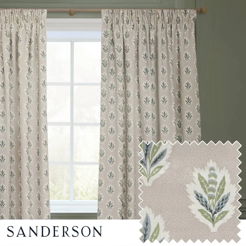 Sanderson Sessile Leaf Printed Ready Made Pencil Pleat Curtains Flax
