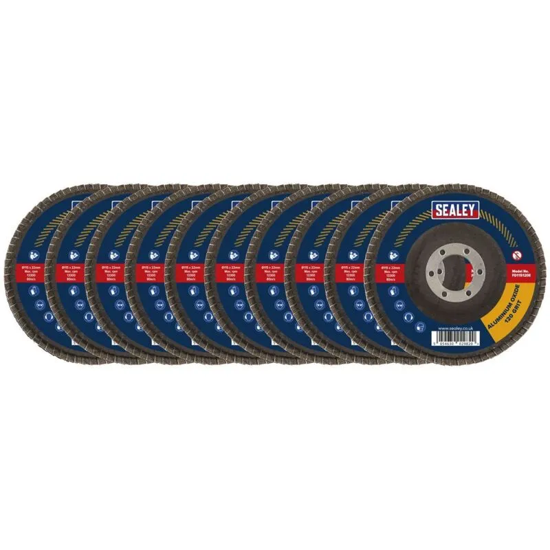 FD115120E10 115mm Aluminium Oxide Flap Discs 120Grit 22mm Bore - Pack of 10 - Sealey