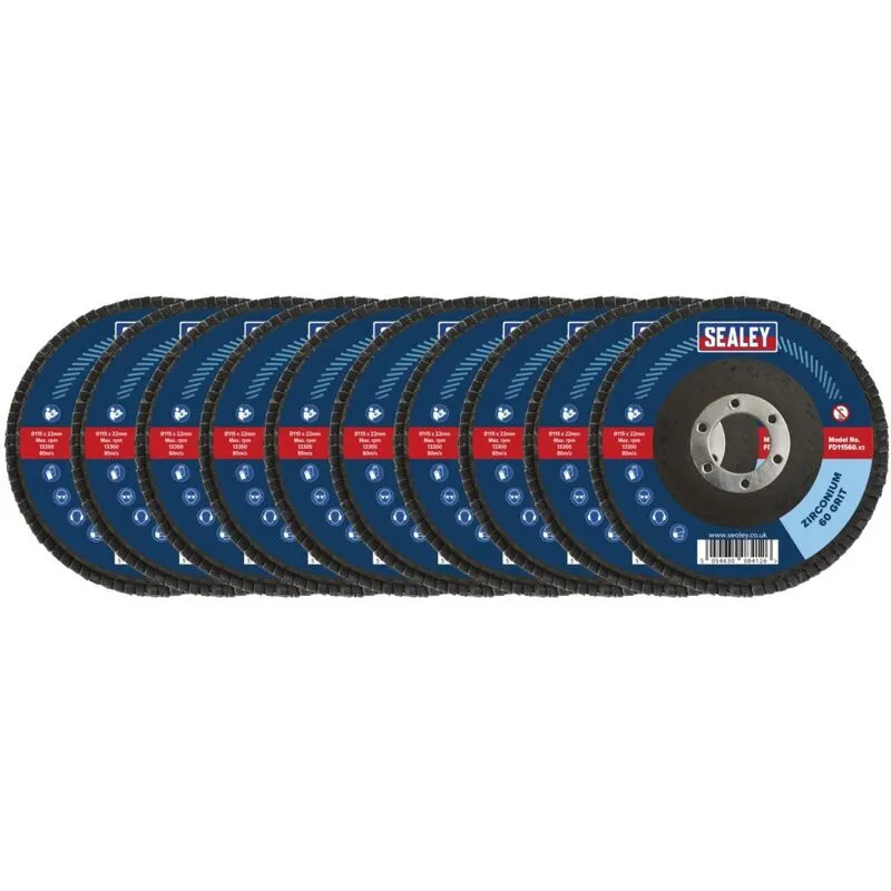 Sealey - FD1156010 115mm Zirconium Flap Discs 60Grit 22mm Bore - Pack of 10