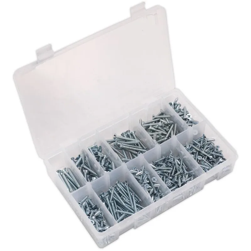 Sealey - Self Tapping Screw Assortment 600PC Countersunk Pozi Zinc din 7982