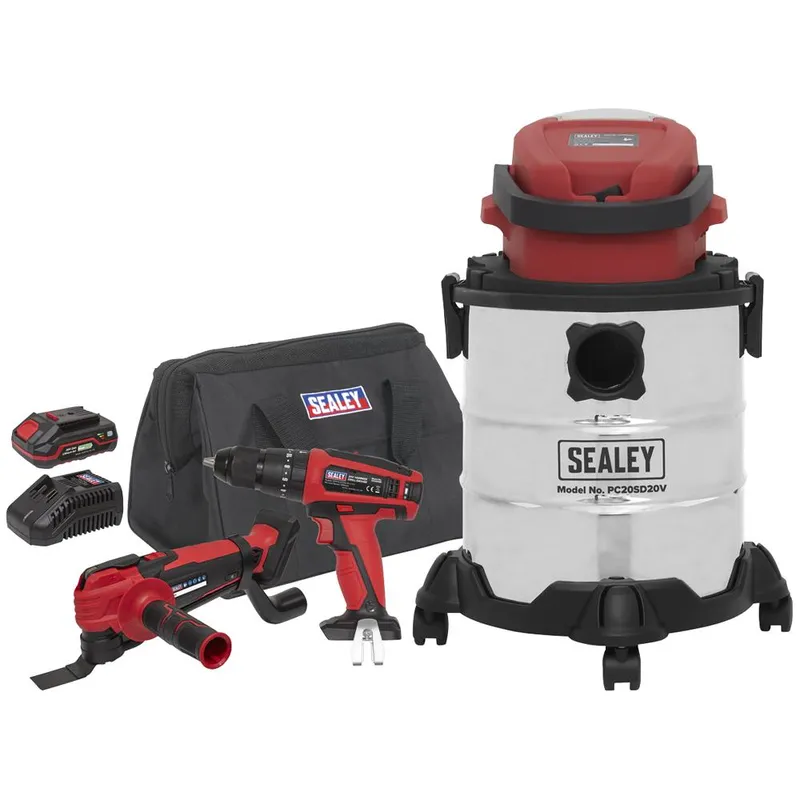 Sealey - CP20VCOMBO5 3 x SV20 Series Cordless Power Tool Vac Kit 20V - 2 Batteries