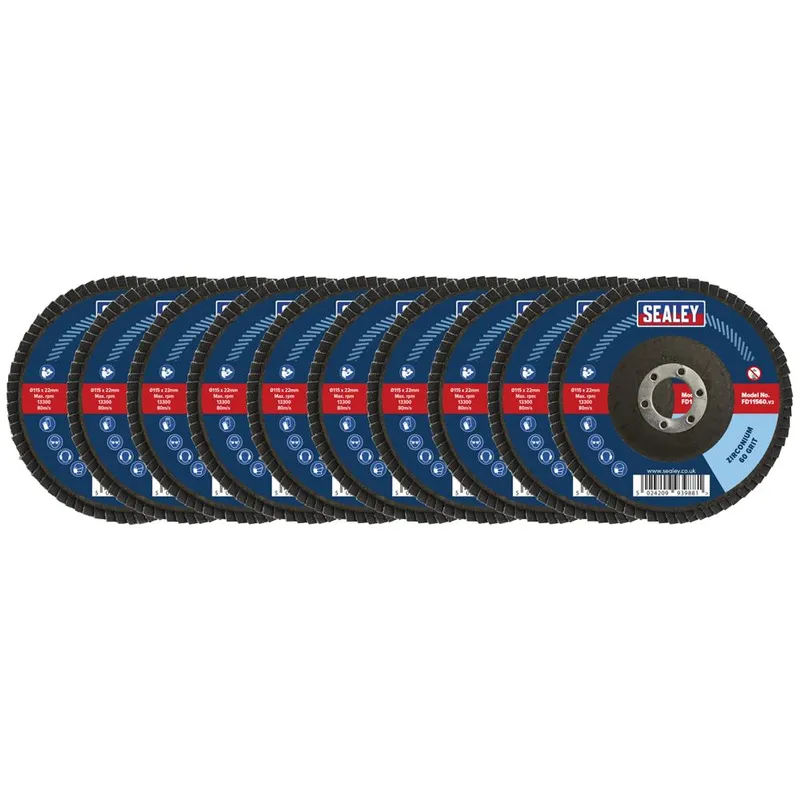 Sealey - FD115MIX 115mm Zirconium Flap Discs Assorted Grit 22mm Bore - Pack of 10