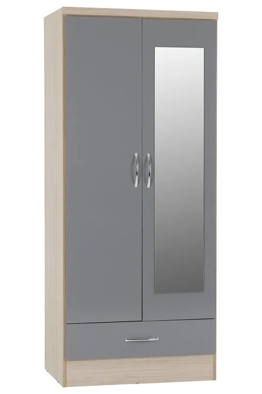 Seconique Nevada Mirrored 2 Door 1 Drawer Wardrobe in Grey Grey