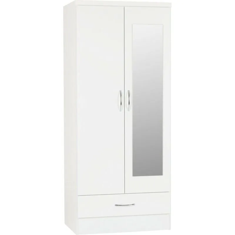 Seconique Nevada Mirrored 2 Door 1 Drawer Wardrobe in White White