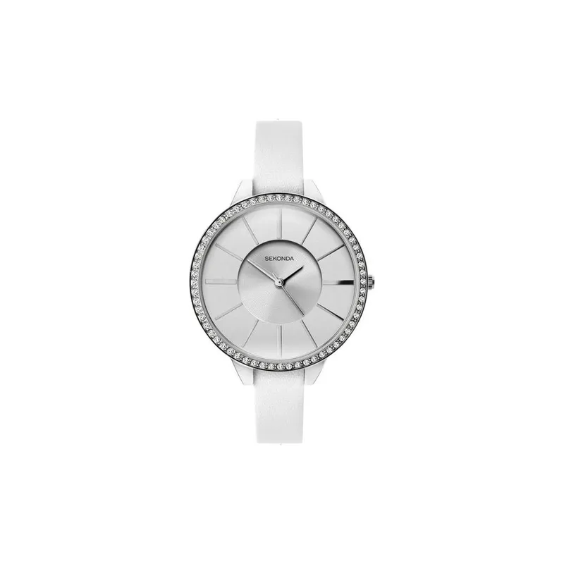 Sekonda Ladies White Crystal Set Leather Strap Watch 40002