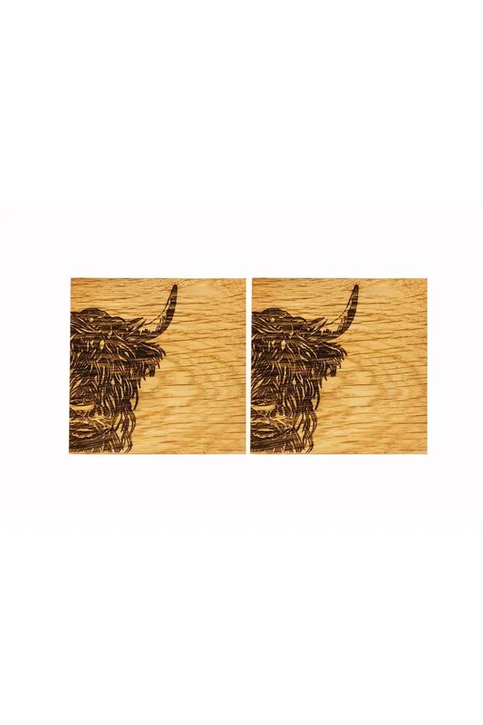 Selbrae House 2 Oak Coasters - Highland Cow in Natural Natural
