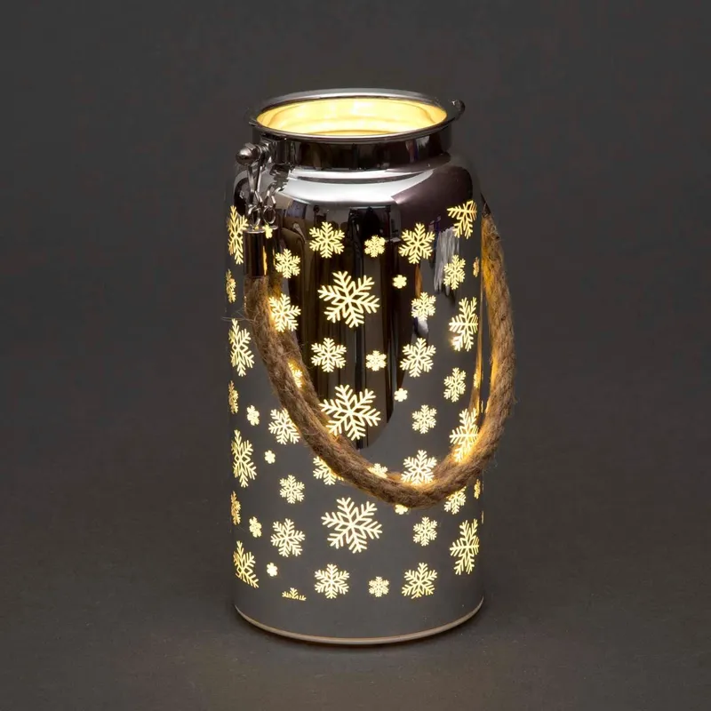 Shatchi 20cm Christmas Decorated Jar Table Snowflakes Design Silver Lantern Silver