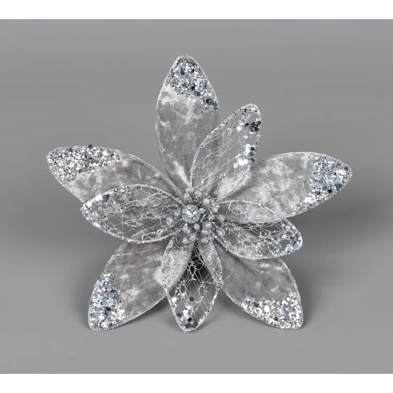 Shatchi 20cm Silver Poinsettia Poinsettia Flower - 6Pcs Christmas Tree Decorations Silver