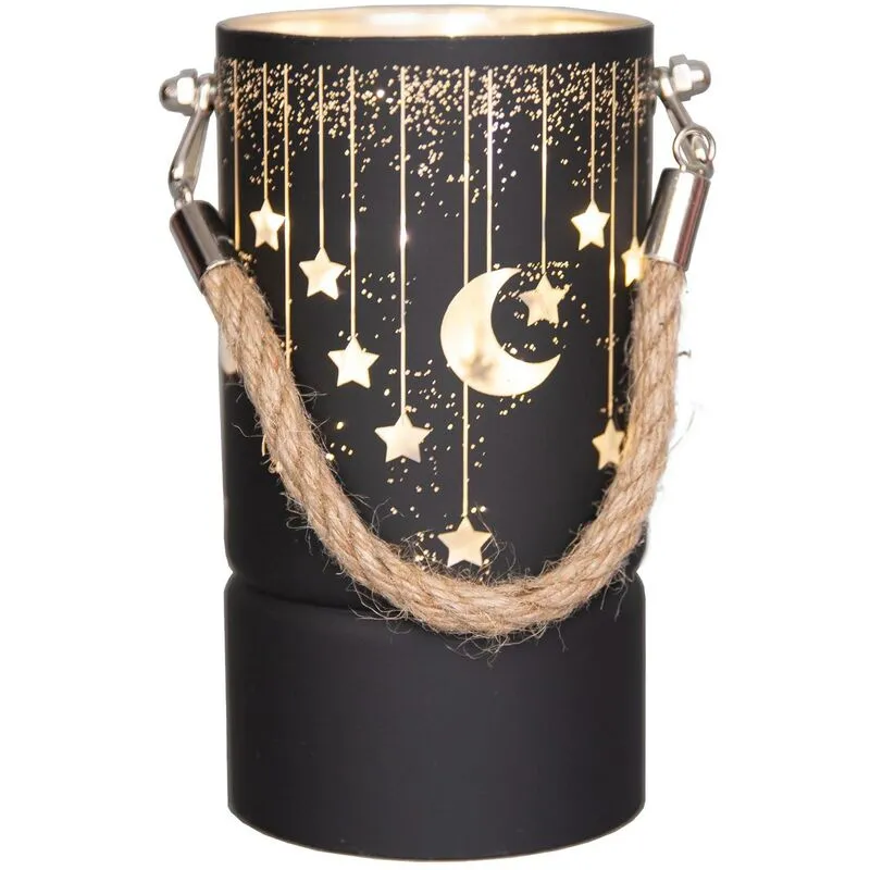 Shatchi - 22cm Christmas Decorated Jar Led Black Glass Vase / Moon / Stars
