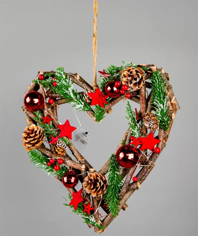 Shatchi 30cm Prelit Heart Wreath Battery Operated - Wooden Twigs Base Decorated in Red Red