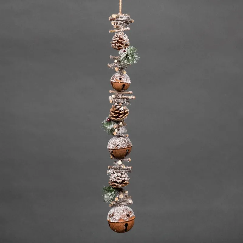 Shatchi 90cm Garland with Red Jingle Bells Wooden Sticks, Berries & Pinecones Christmas Home Wall Door Hanger Sleigh Bells Xmas in Brown Brown
