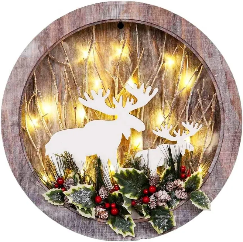 Shatchi B/o led Wooden Reindeer Scene - Wreath Shape - D30xW4.5