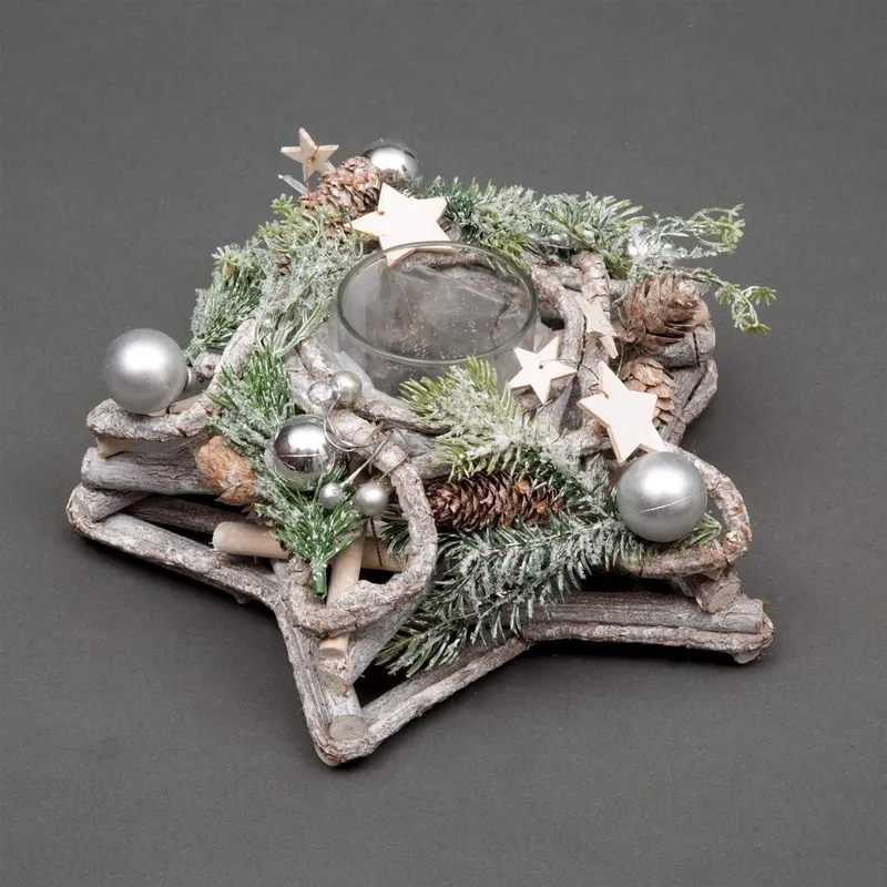 Shatchi Star Shape Wooden Candle Holder Tabletop Centrepiece Christmas Decorated with Frosty Red/Silver Baubles, Berries and Cones