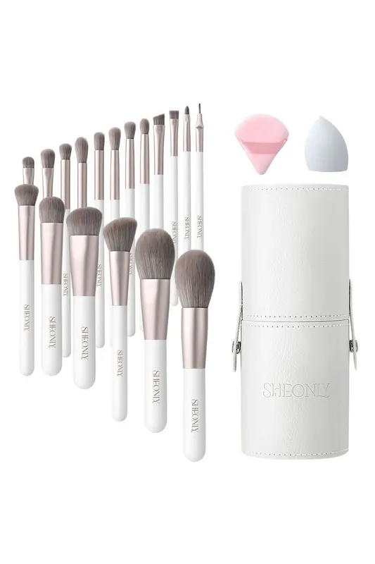 Sheonly 18 Pcs Set Professional Makeup Brush Set with Makeup Tool in White White