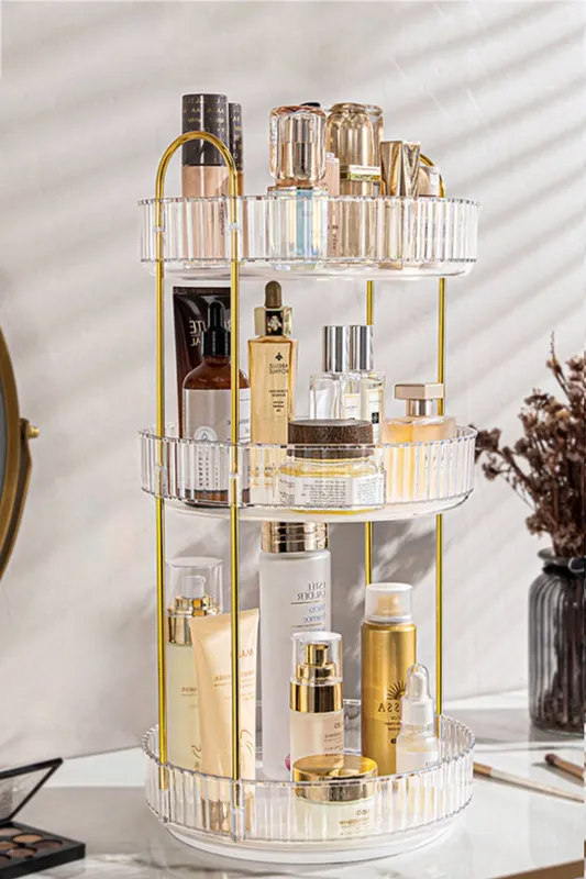 Sheonly 3 Tier Spinning Skincare Cosmetic Organizer for Vanity, 3 Tier Multifunctional Storage Organizer For Bathroom Bedroom Kitchen in Gold Gold