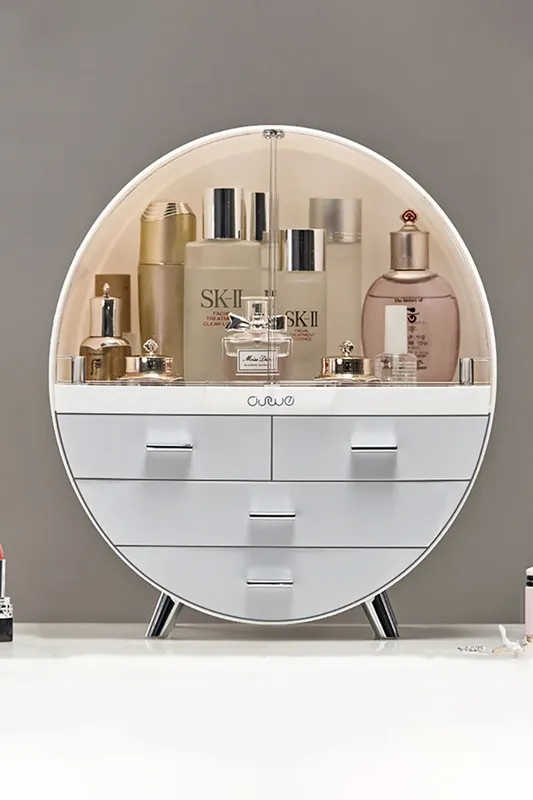 Sheonly 40CM High Round Transparent Cosmetic Display Box With 4 Drawers Storage Box in Grey Grey