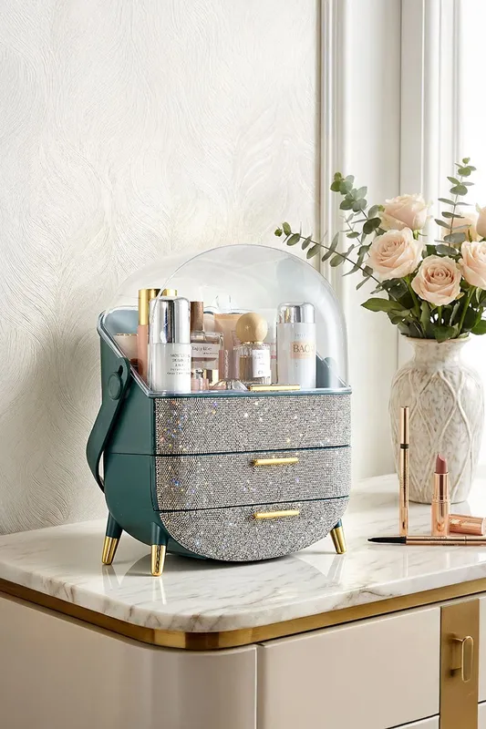 Sheonly Countertop Portable Oval Makeup Storage Box with Transparent Cover in Green - Green