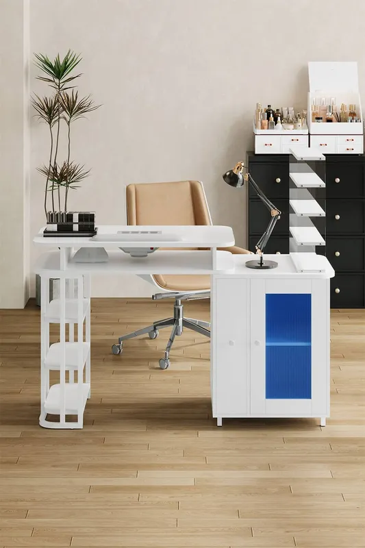 Sheonly Unisex Professional Mobile Manicure Table w/ Built-in Dust Collector in White White female
