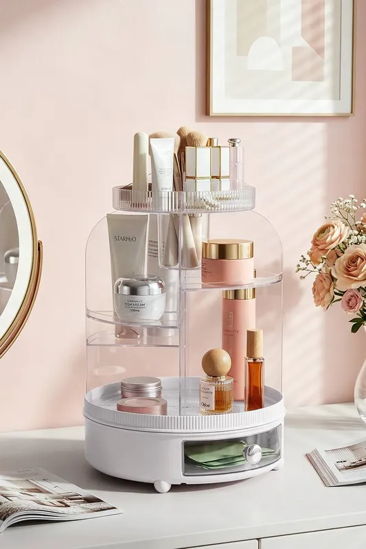 Sheonly Unisex Rotating Makeup Organiser Large Capacity Spinning Makeup Storage in White White female