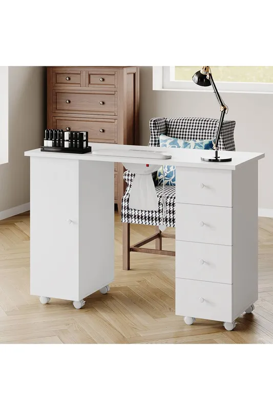 Sheonly Mobile Manicure Table with Built-in Dust Collector in White - White
