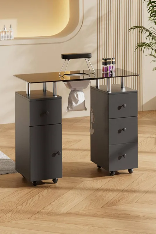 Sheonly Professional Mobile Manicure Table on Wheels in Black Black