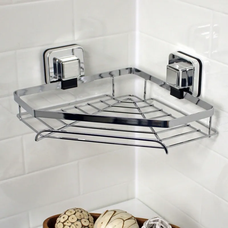 Showerdrape Pushloc Chrome Steel Suction Wall Mounted Corner Basket in Silver Silver